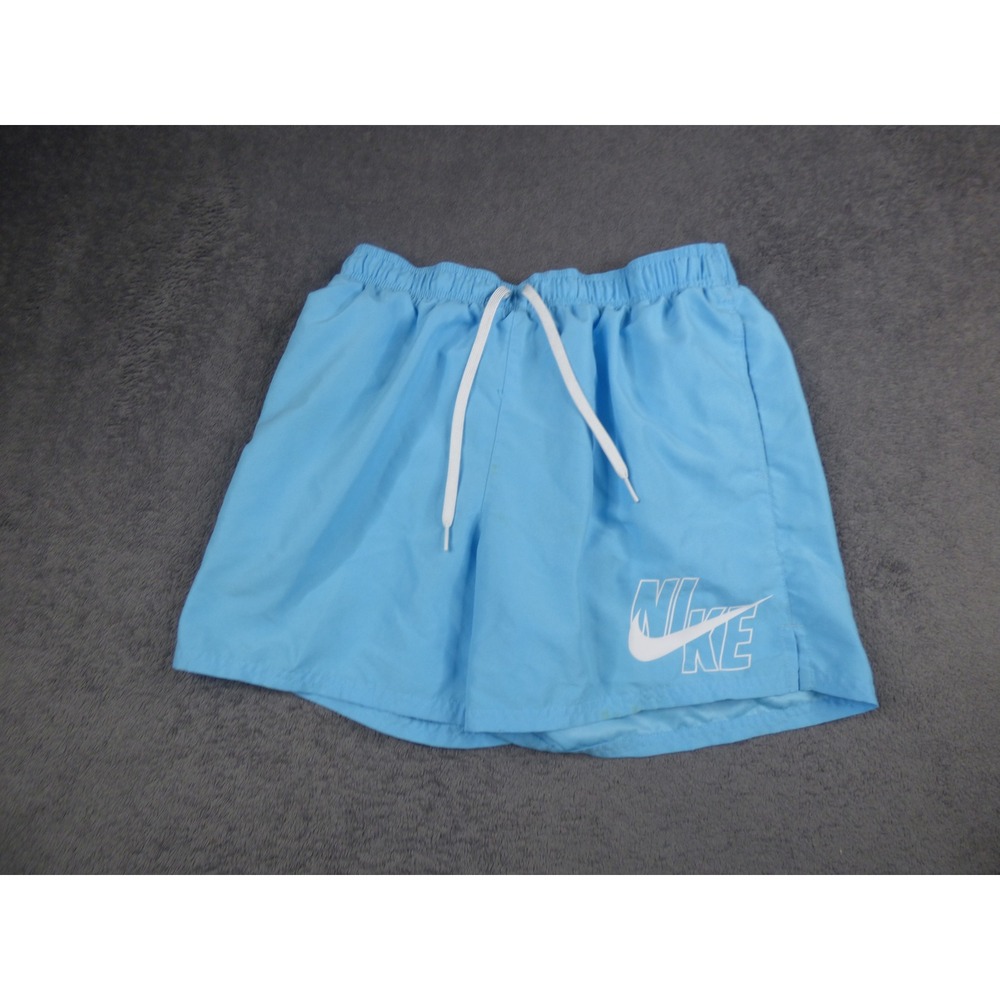 Nike Mens Swim Trunks Light Blue Mesh Lined Graphic Logo Shorts Size Large